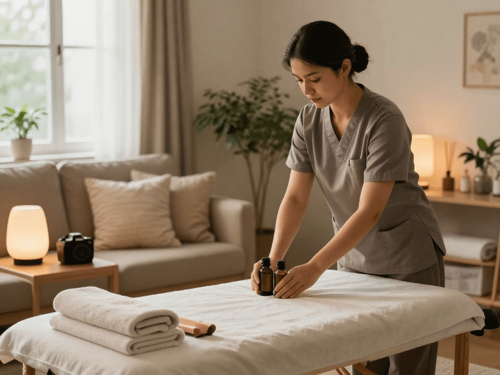 Premium 출장안마 setup at home with a professional therapist preparing a relaxing atmosphere.