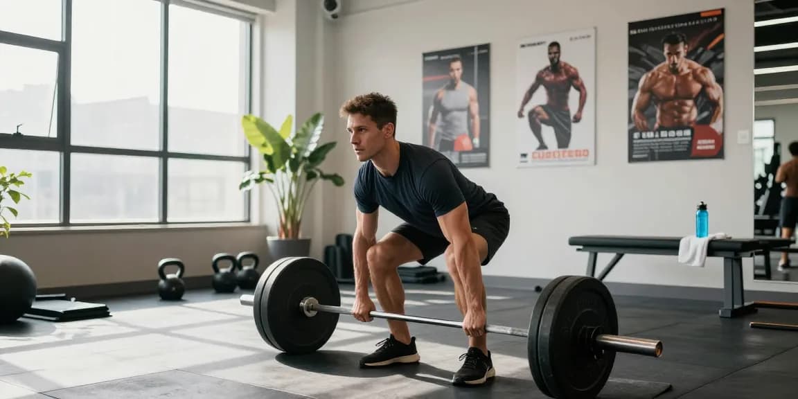 Sportlicher Mann, der Kraft in einem dynamischen Anabolika Shop Deutschland Fitnessumfeld mit Gewichten demonstriert