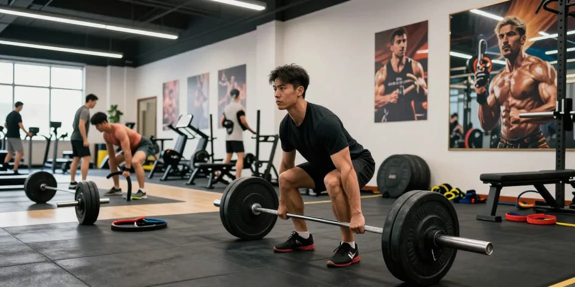 Utionon Steroids Shop: Bodybuilder beim Krafttraining im Fitnessstudio, motivierende Atmosphäre.