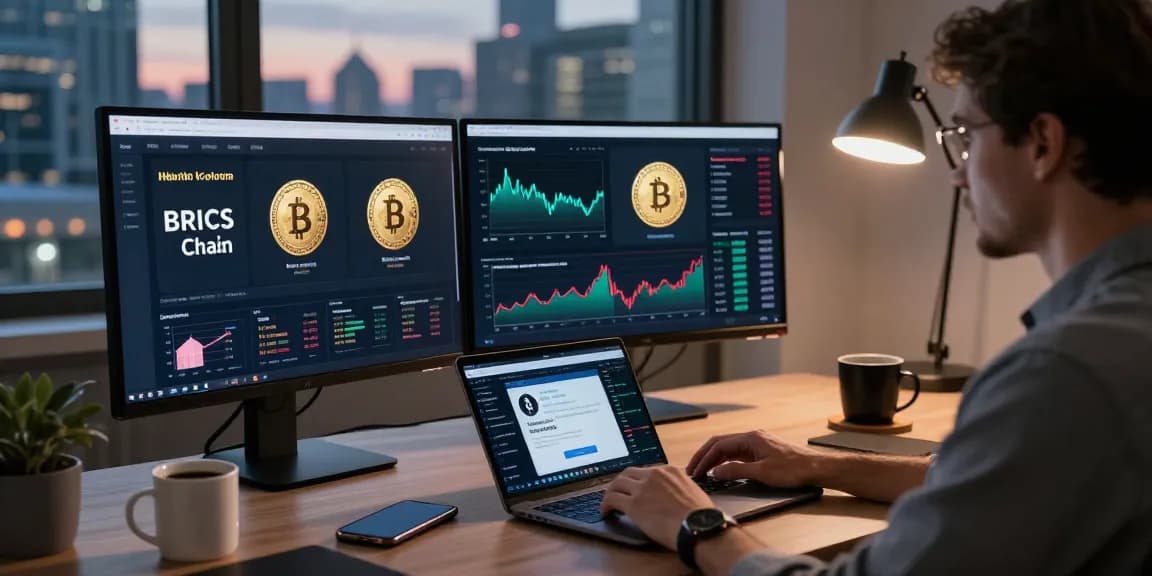 Engaged investor analyzing to buy in BRICS crypto in modern workspace with dual screens and crypto performance charts.