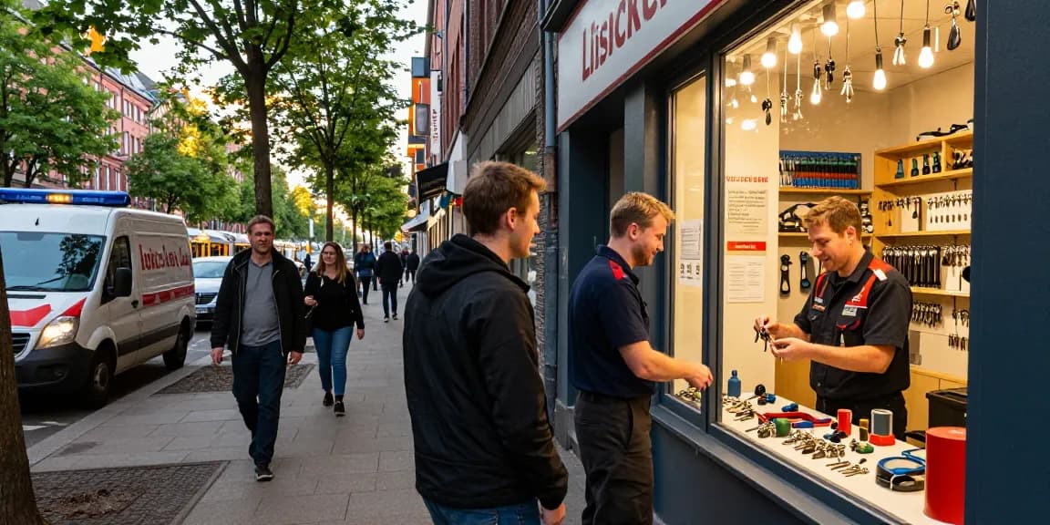Schlüsseldienst Hamburg bei der Kundenberatung in lebhafter Stadtumgebung.
