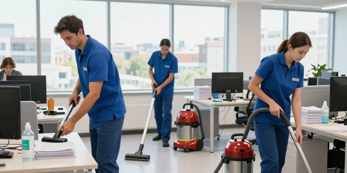 Unterhaltsreinigung Hannover durch ein professionelles Reinigungsteam in einem modernen Büro mit strahlender Sauberkeit und Effizienz.