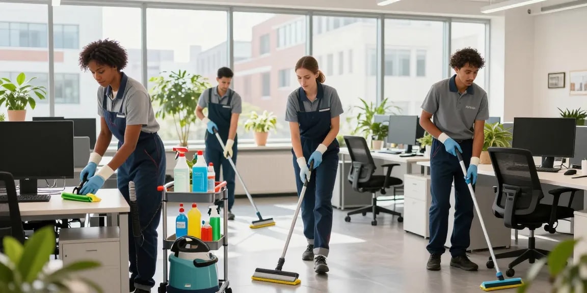 Professionelle Gebäudereinigung Düsseldorf im modernen Büro mit umweltfreundlichen Reinigungsprodukten.