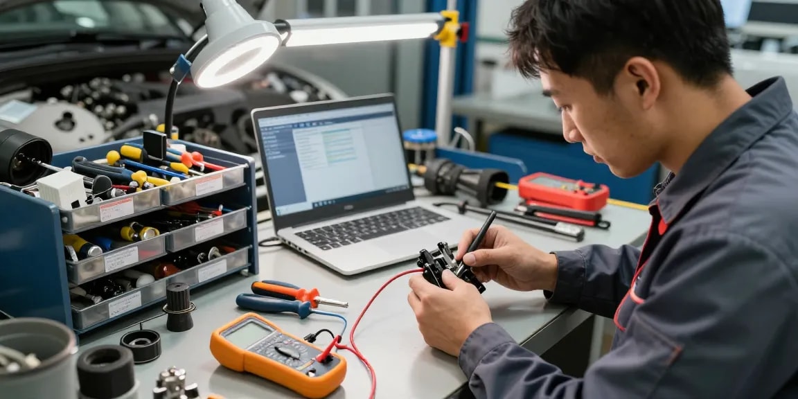 Zündanlassschalter Reparatur in einer professionellen Werkstatt mit Mechaniker und Werkzeugen