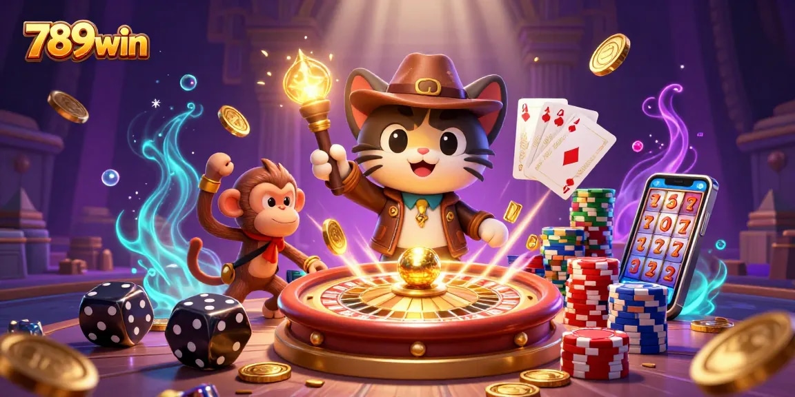Experience the thrill of 789win with an adventurous cat and monkey amid casino treasures.
