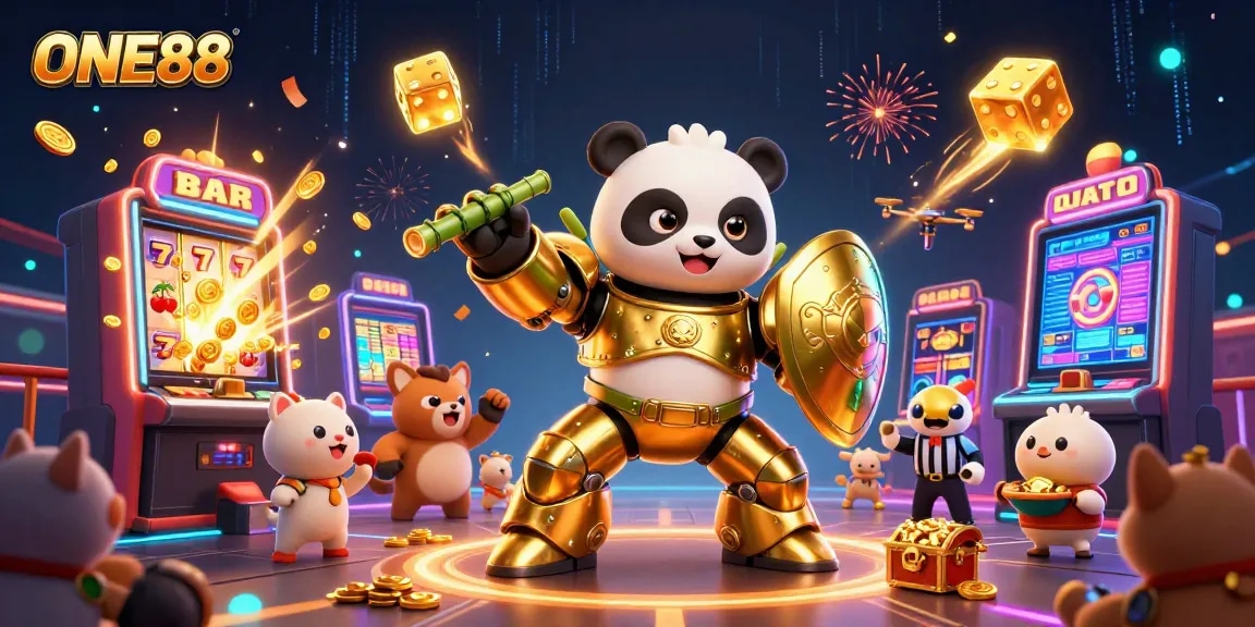 Enjoy thrilling betting action with ONE88 in a vibrant 3D casino scene showcasing jackpots and exciting game elements.