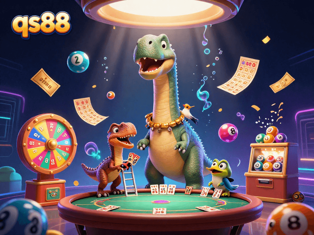 Engage with qs88's thrilling games, featuring a colossal brontosaurus overseeing a vibrant casino scene.