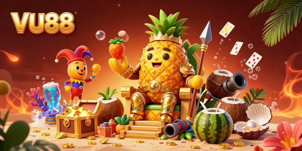 Engage with thrilling gameplay at VU88 featuring a golden pineapple king amidst a vibrant beach casino scene.
