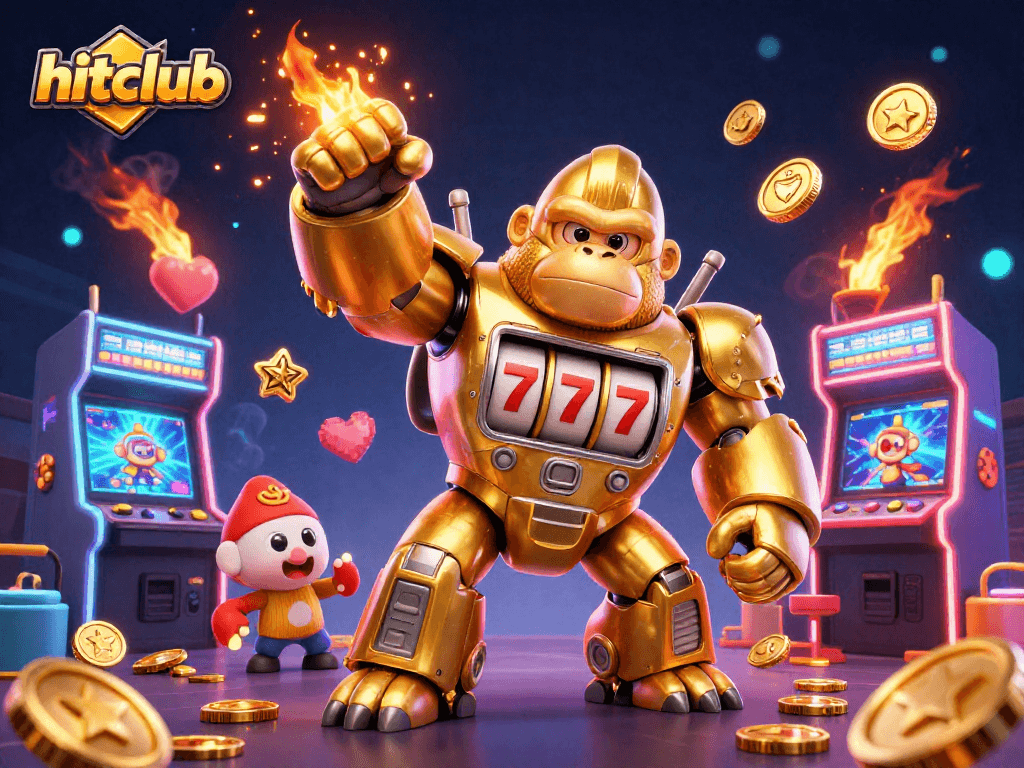 Engage with hitclub's slot gaming excitement featuring a golden gorilla mech and glimmering arcade elements.