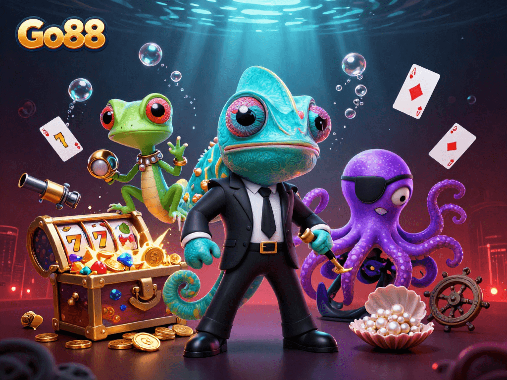 Engage in thrilling games at Go88 with a vibrant casino scene showcasing exciting treasures and characters.