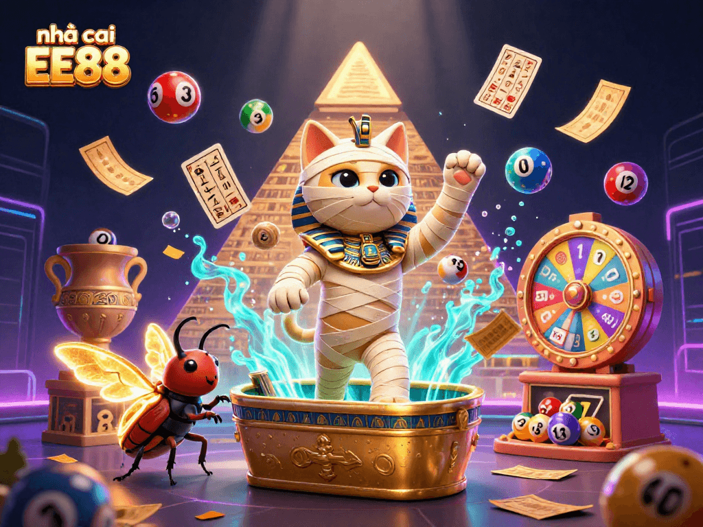 Experience the excitement of nhà cái EE88 with the Egyptian mummy cat and vibrant gaming elements!