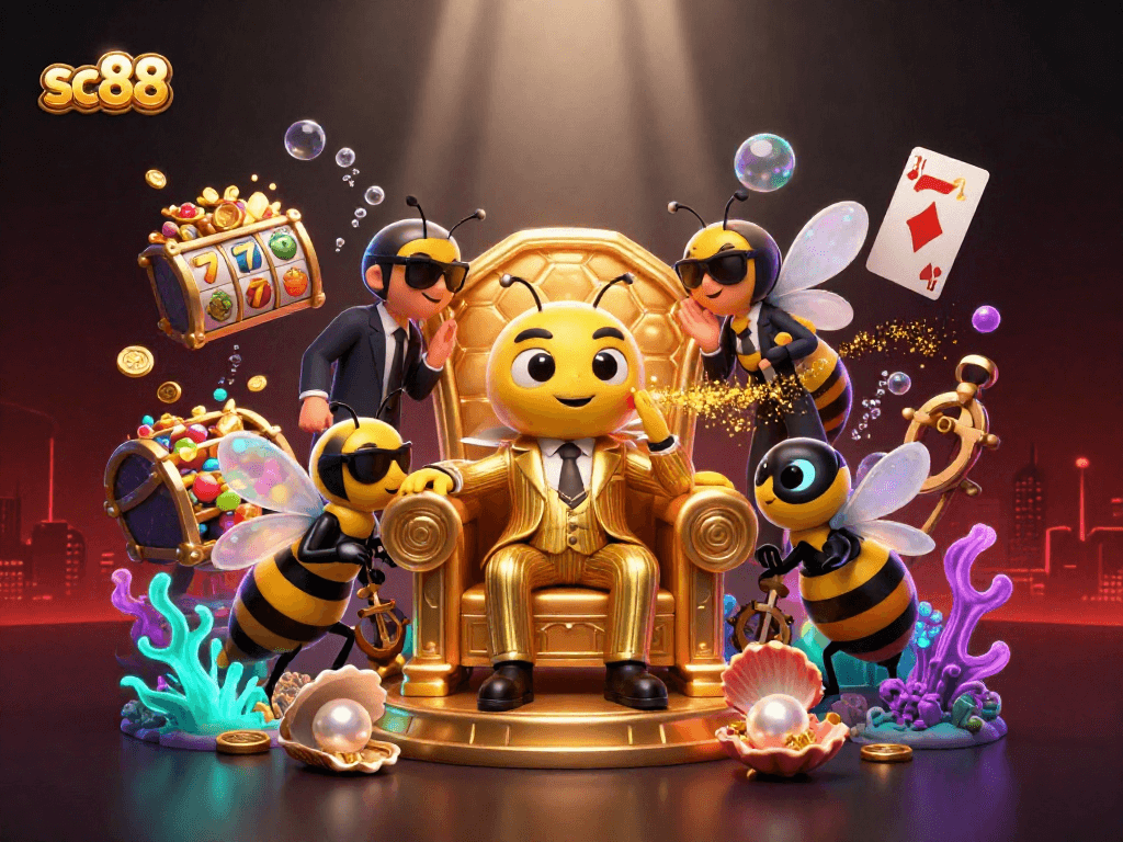 Experience the vibrant world of sc88 with a 3D cartoon bumblebee mob boss amidst a lively casino scene.