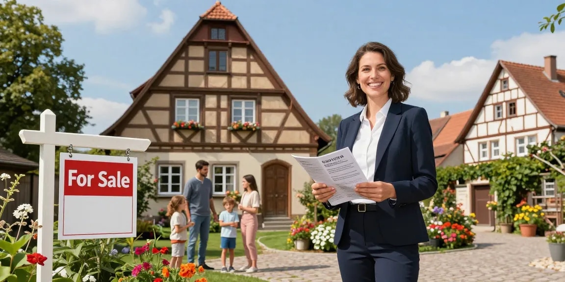 Immobilienmakler Reutlingen präsentiert charmantes Fachwerkhaus mit interessierten Käufern im Garten.
