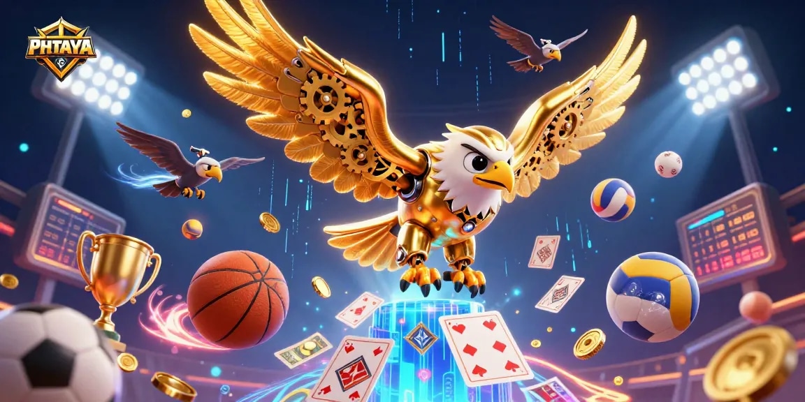 PHTAYA engages players with dynamic sports elements and a cybernetic eagle in an enthralling casino scene.
