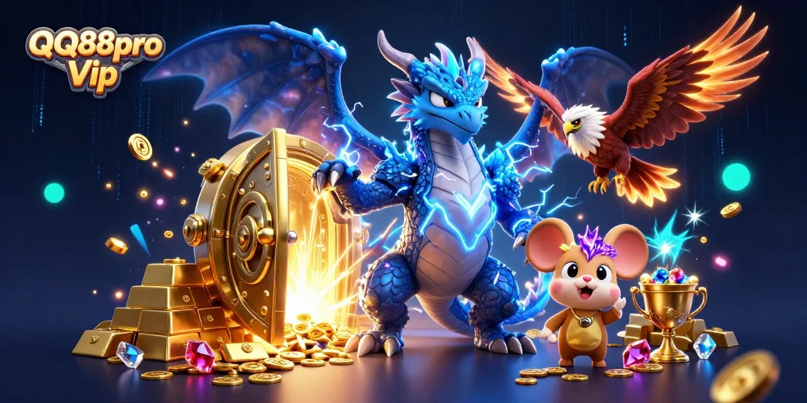 Experience thrilling wins at QQ88pro Vip with vibrant illustrations of gaming action and rich treasures.