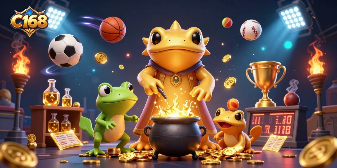 C168 showcases a magical scene of a golden salamander alchemist creating gold coins in a bustling casino atmosphere.