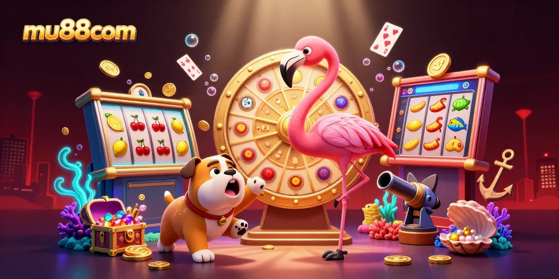 Engage with mu88com at a lively casino scene featuring a flamingo game show host and interactive prizes.