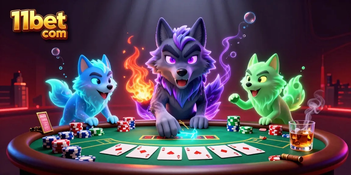Engage with 11bet com's dynamic poker scene showcasing a spectral wolf pack amidst vibrant chips and cards.