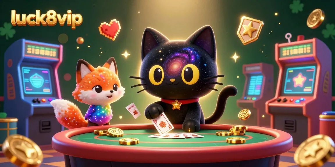 Engage in exciting gameplay at luck8vip with vibrant casino-themed art featuring a cosmic cat and fox.