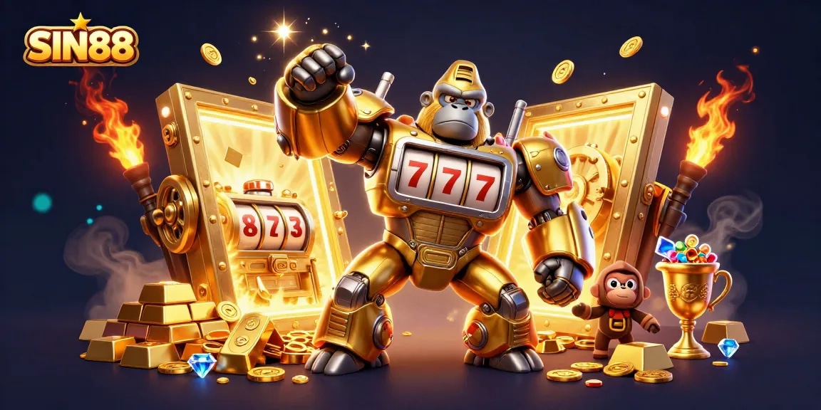 SIN88 slot adventure with a golden gorilla mech, treasure vault, and exploding coins.