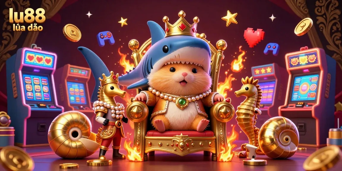 Engage in action with the vibrant lu88 lừa đảo casino scene featuring a golden hamster king and thrilling game elements.