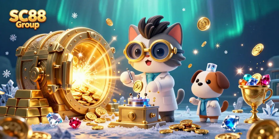 SC88 Group showcases a vibrant 3D casino scene with a scientist cat and assistant creating gold coins.