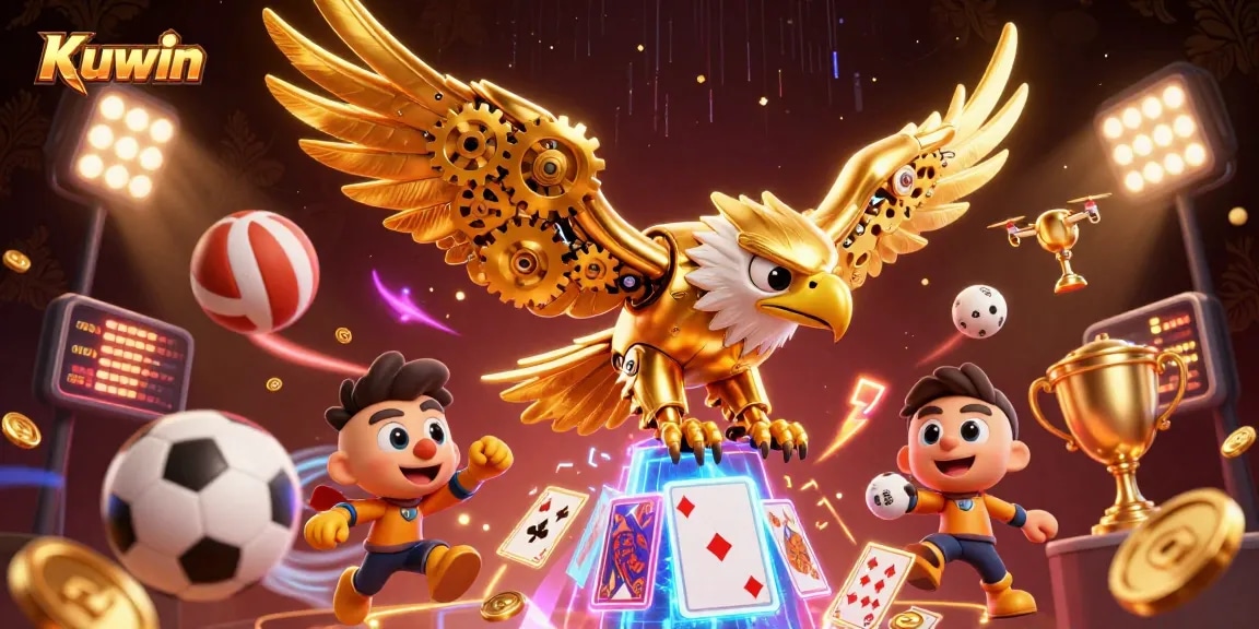 Experience thrilling bets at Kuwin with dynamic gaming elements and a stunning golden eagle design.