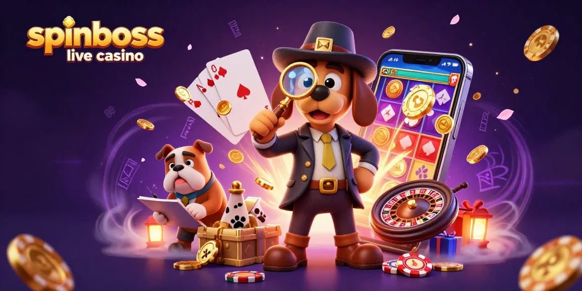 Spinboss Live-Casino erleben: Ein 3D-Bild mit einem Detektiv und einem bulldogartigen Begleiter, die Hinweise suchen.