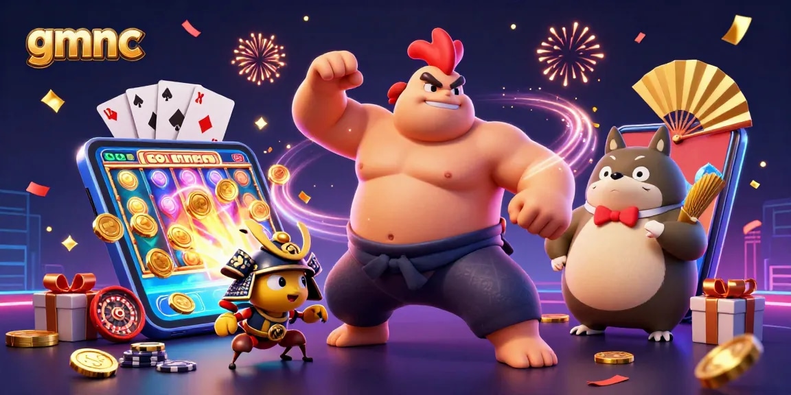 Experience the excitement of gmnc with a powerful sumo rooster, fierce samurai cricket, and tanuki announcer amidst dynamic casino elements.
