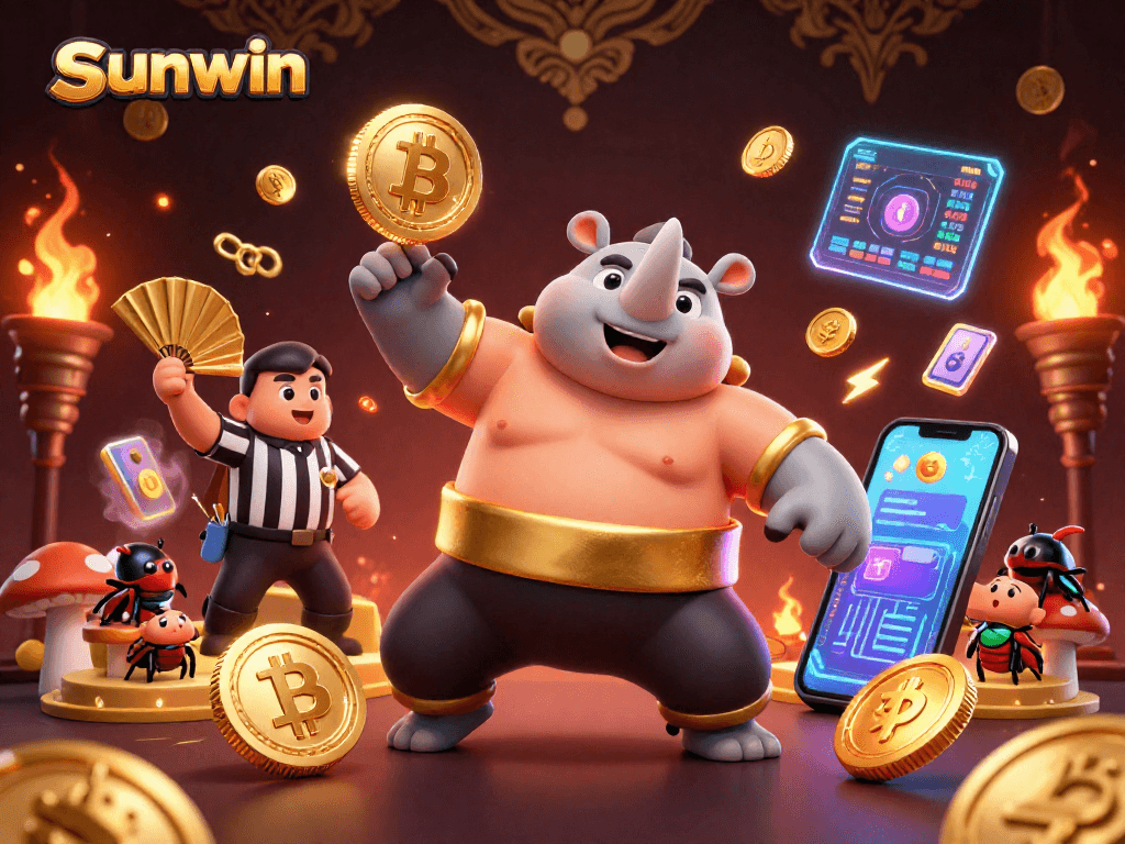 Engage with exciting gameplay at sunwin featuring a dynamic sumo beetle champion amidst floating crypto coins.