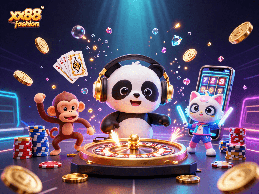 Spin and win with xx88 fashion's vibrant 3D casino-themed rave scene featuring playful characters.