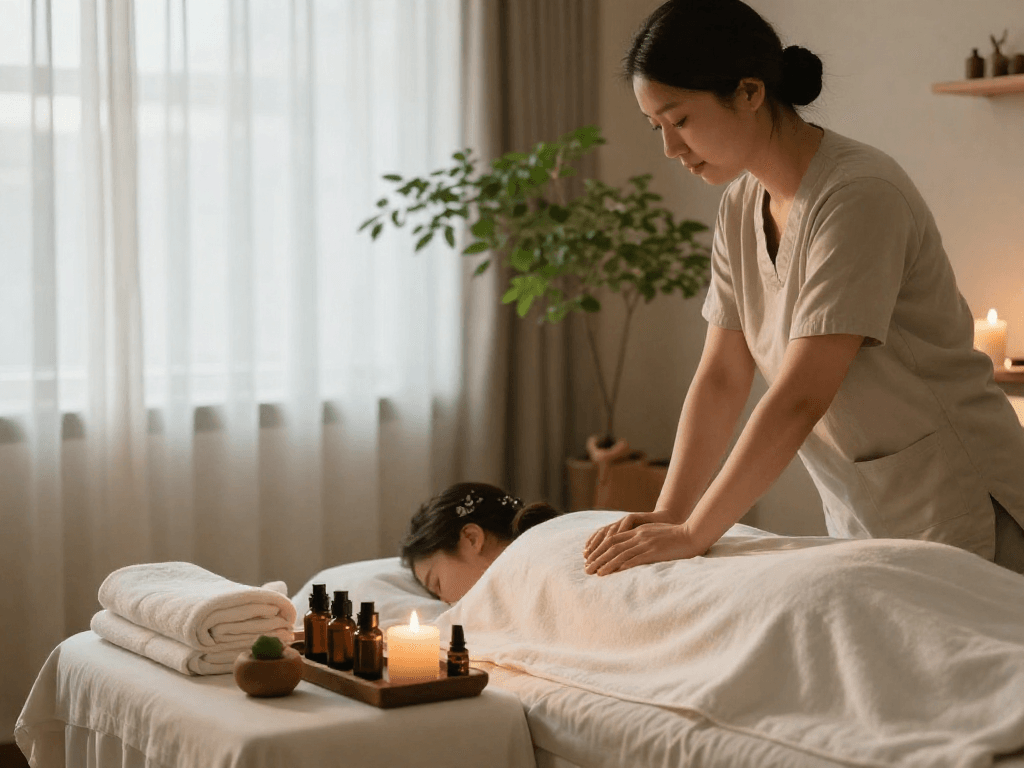 Indulging in an 인천출장안마 at a serene wellness spa with soothing ambiance and essential oils.