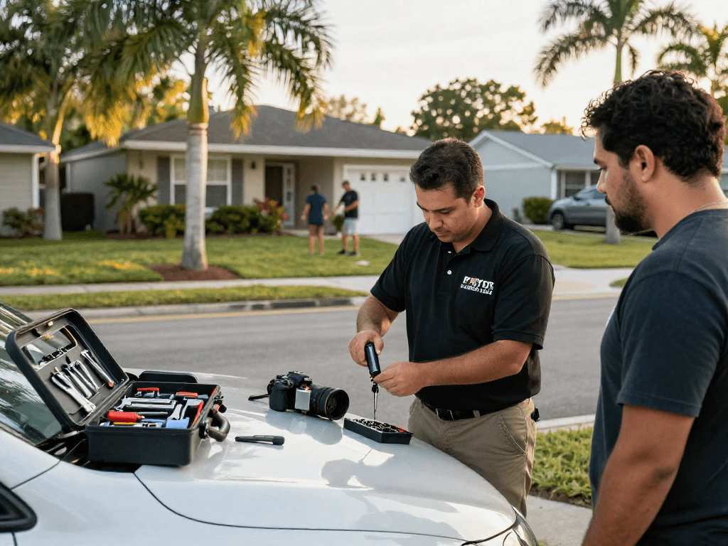 Lost car keys Port St. Lucie services by a local locksmith assisting a customer in a bright, suburban neighborhood.