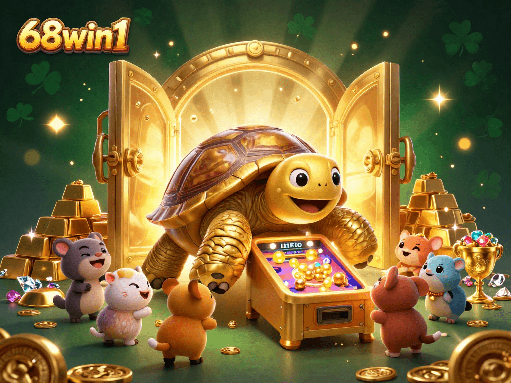 Engage with the exciting world of 68win1's casino games, featuring vibrant visuals of golden treasures.