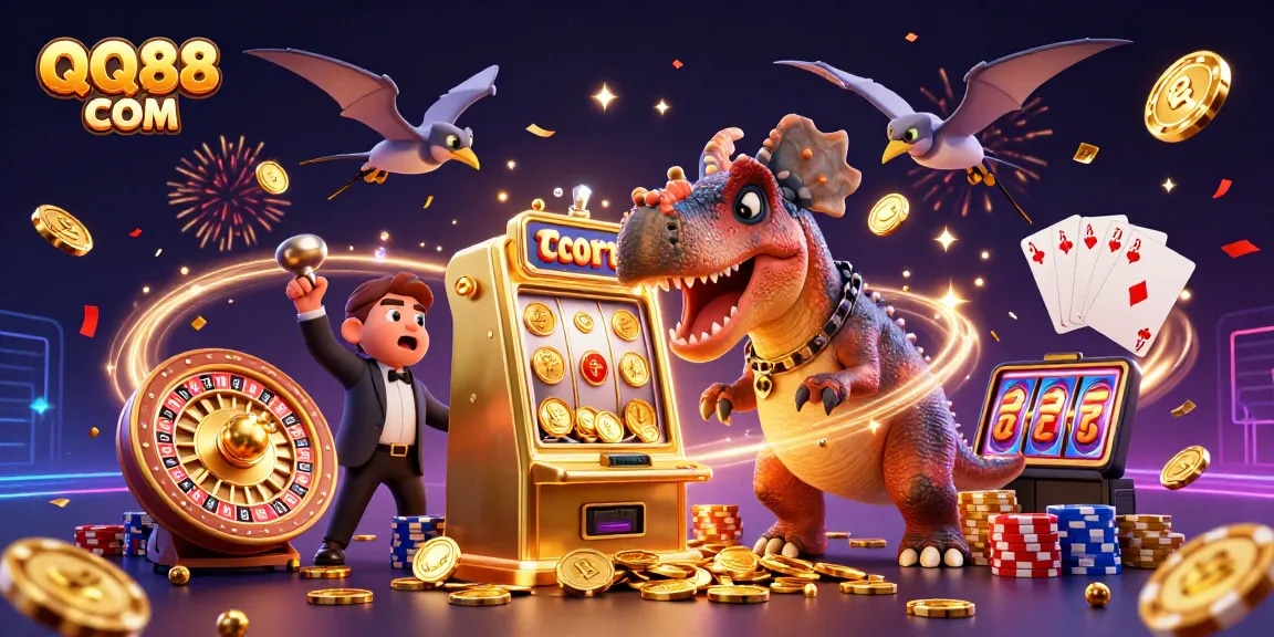 Catch the excitement at QQ88 COM as animated dinosaurs make jackpot magic in this vibrant casino scene.