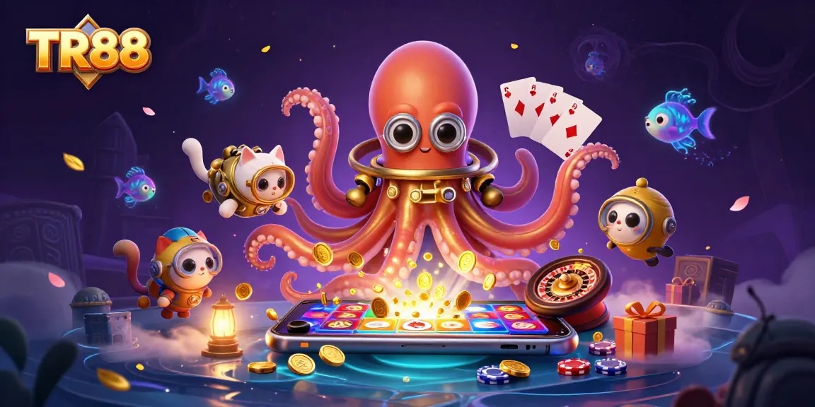 Experience TR88 with an energetic underwater scene of gambling characters and elements in vibrant 3D.