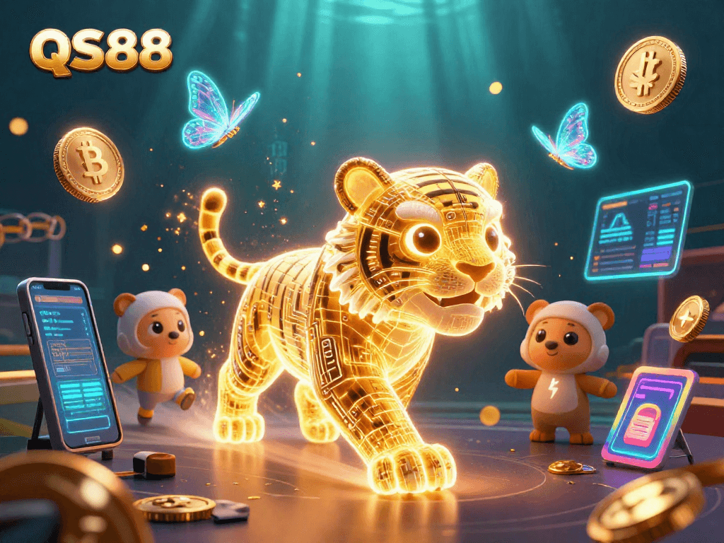 Experience thrilling gaming adventures at QS88 with vibrant neon and currency elements.