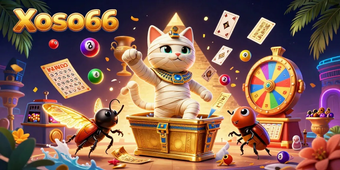 Xoso66 showcases a vibrant lottery scene with a mummy cat and rich casino elements for thrilling play.