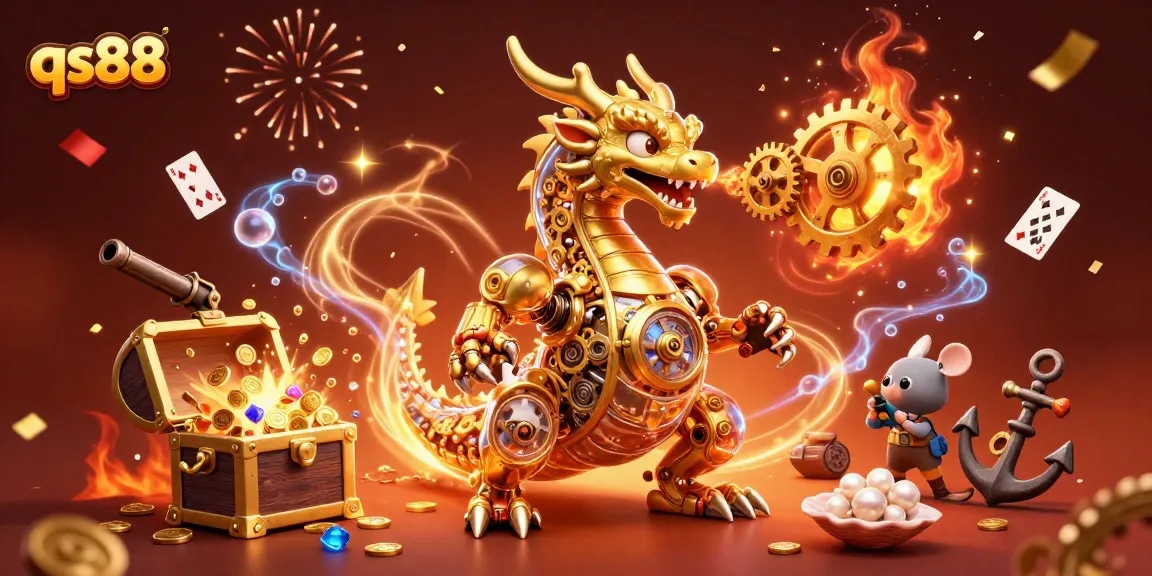 Experience excitement at qs88 with a stunning 3D dragon and treasures swirling in the atmosphere.