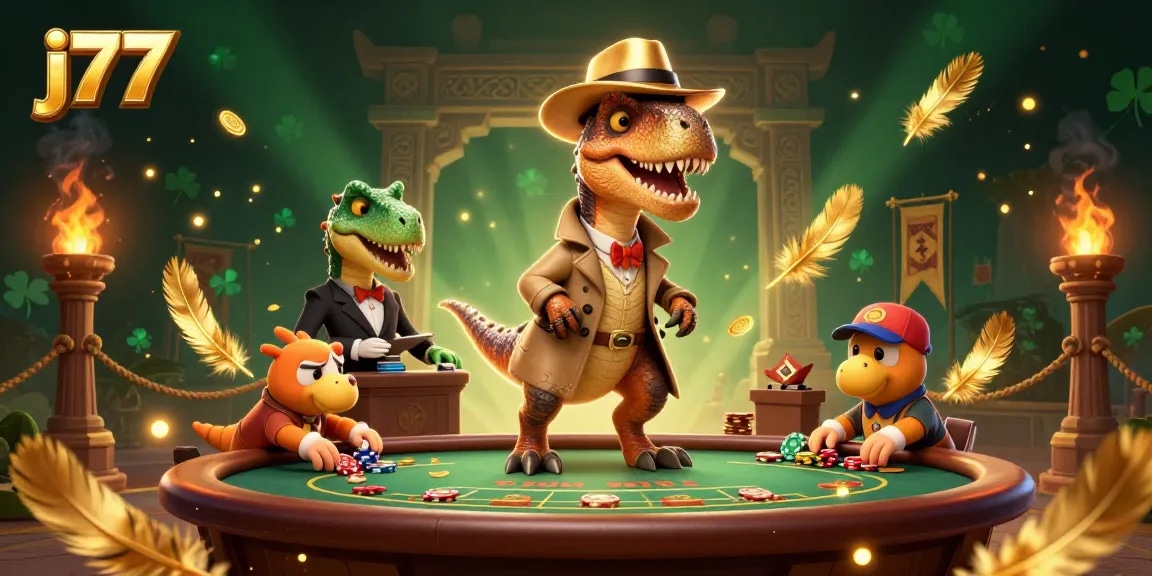 Join the fun and excitement at j77 with a cartoon velociraptor card counter and friends at a lively casino table!