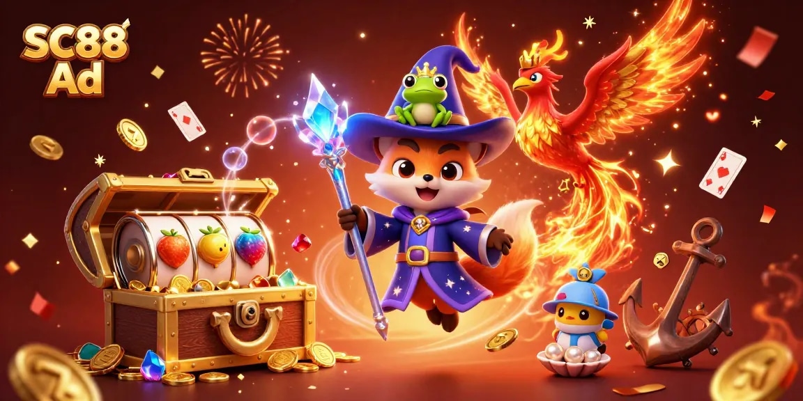 Engage with SC88 Ad featuring a magical wizard fox and phoenix in a dynamic casino scene.