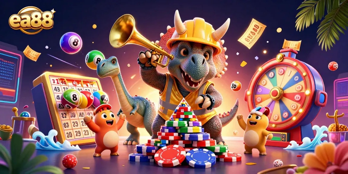 ea88 showcases an exciting casino scene with a triceratops and vibrant gambling elements celebrating gaming wins.