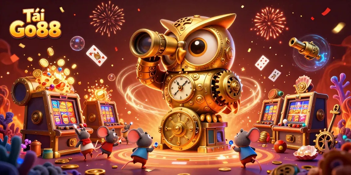 Tải Go88 casino scene featuring a golden owl and mouse patrons among slot machines with wealth and celebration