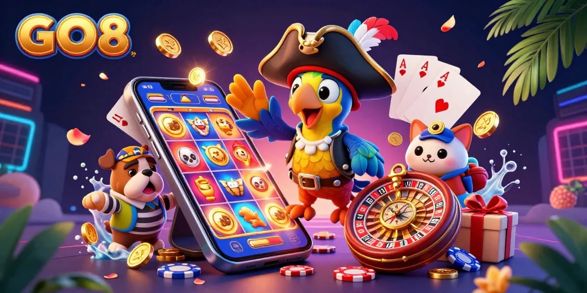 Spin and win at GO8 with cartoon characters amid dynamic casino games and festive elements.