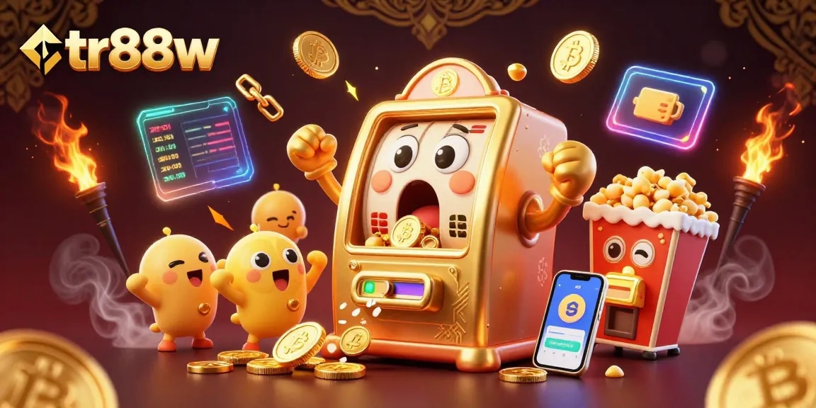 Celebrate jackpots with the animated tr88w slot machine surrounded by glowing crypto coins and vibrant casino elements.