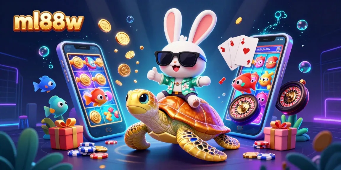 Experience winning with ml88w featuring a lucky rabbit and golden turtle amidst colorful slot games and vibrant fish.