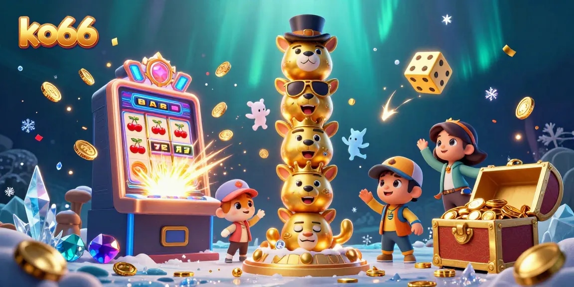 Engage with ko66's vibrant casino experience featuring a golden totem pole and a jackpot slot machine bursting with prizes.