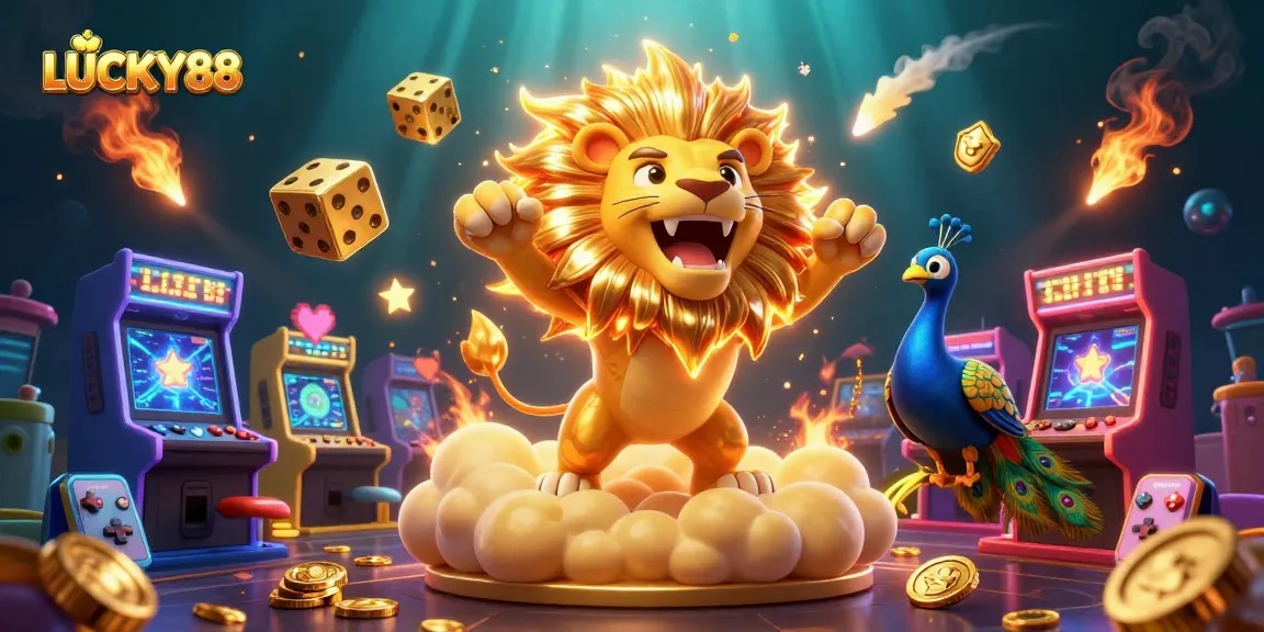 Engage in thrilling games with LUCKY88 as the 3D sun lion roars atop golden clouds.