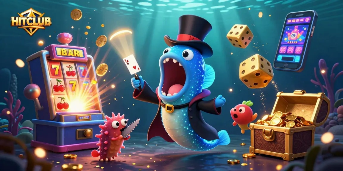 HITCLUB showcases a magical underwater casino scene with characters performing exciting card tricks.
