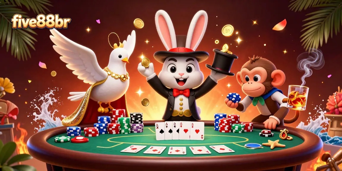 Engage with five88br’s vibrant casino scene featuring the magician rabbit and poker fun.